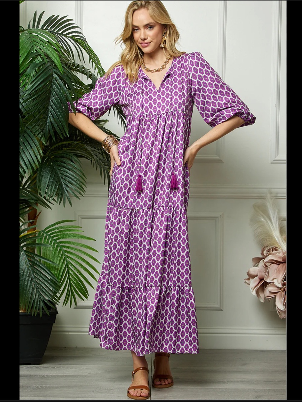 Collection by Cezele Floral Purple Three Quarter Puff Sleeve Maxi Dress M $78